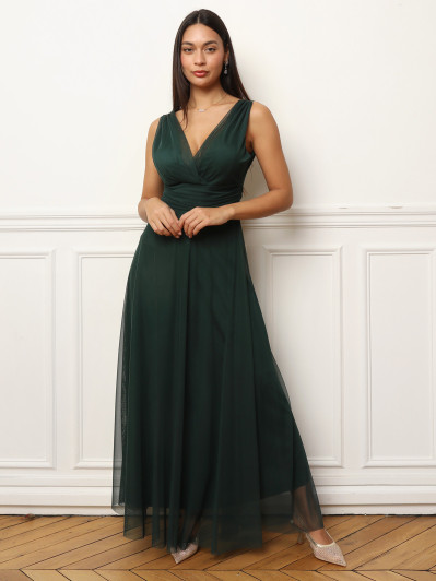 Robe de cérémonie évasée en tulle vert foncé