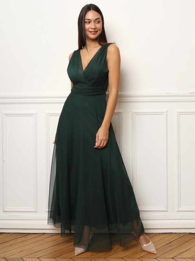 Robe de cérémonie évasée en tulle vert foncé