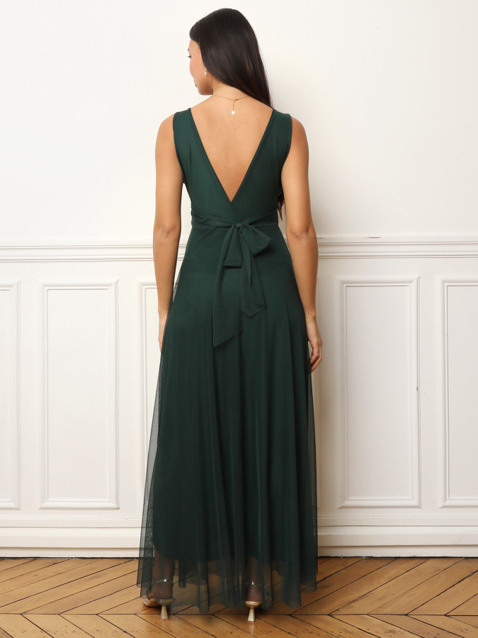 Robe de cérémonie évasée en tulle vert foncé