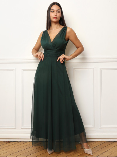 Robe de cérémonie évasée en tulle vert foncé