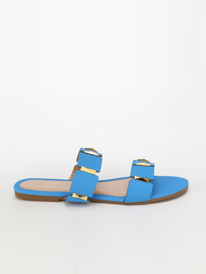 Mules plates bleues à brides et détails dorés grandes tailles