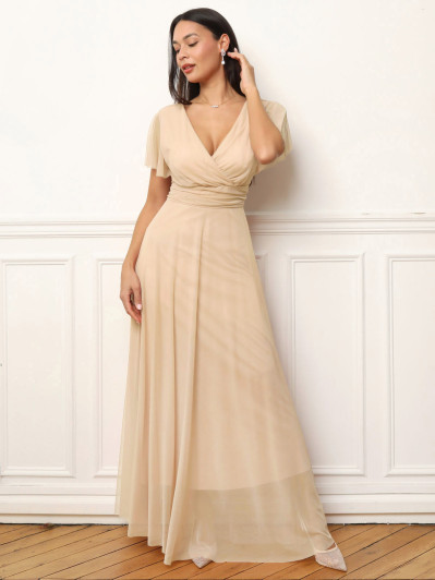 Robe de cérémonie évasée et drapée à nouer beige