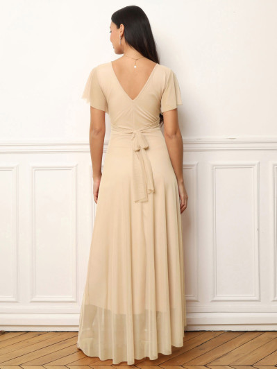 Robe de cérémonie évasée et drapée à nouer beige
