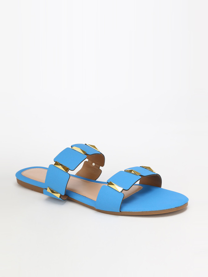 Mules plates bleues à brides et détails dorés grandes tailles