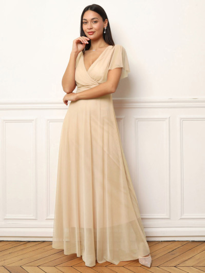 Robe de cérémonie évasée et drapée à nouer beige