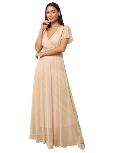 Robe de cérémonie évasée et drapée à nouer beige