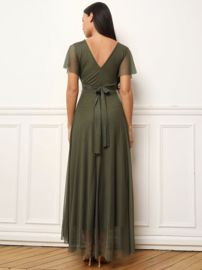 Robe de cérémonie évasée et drapée à nouer kaki