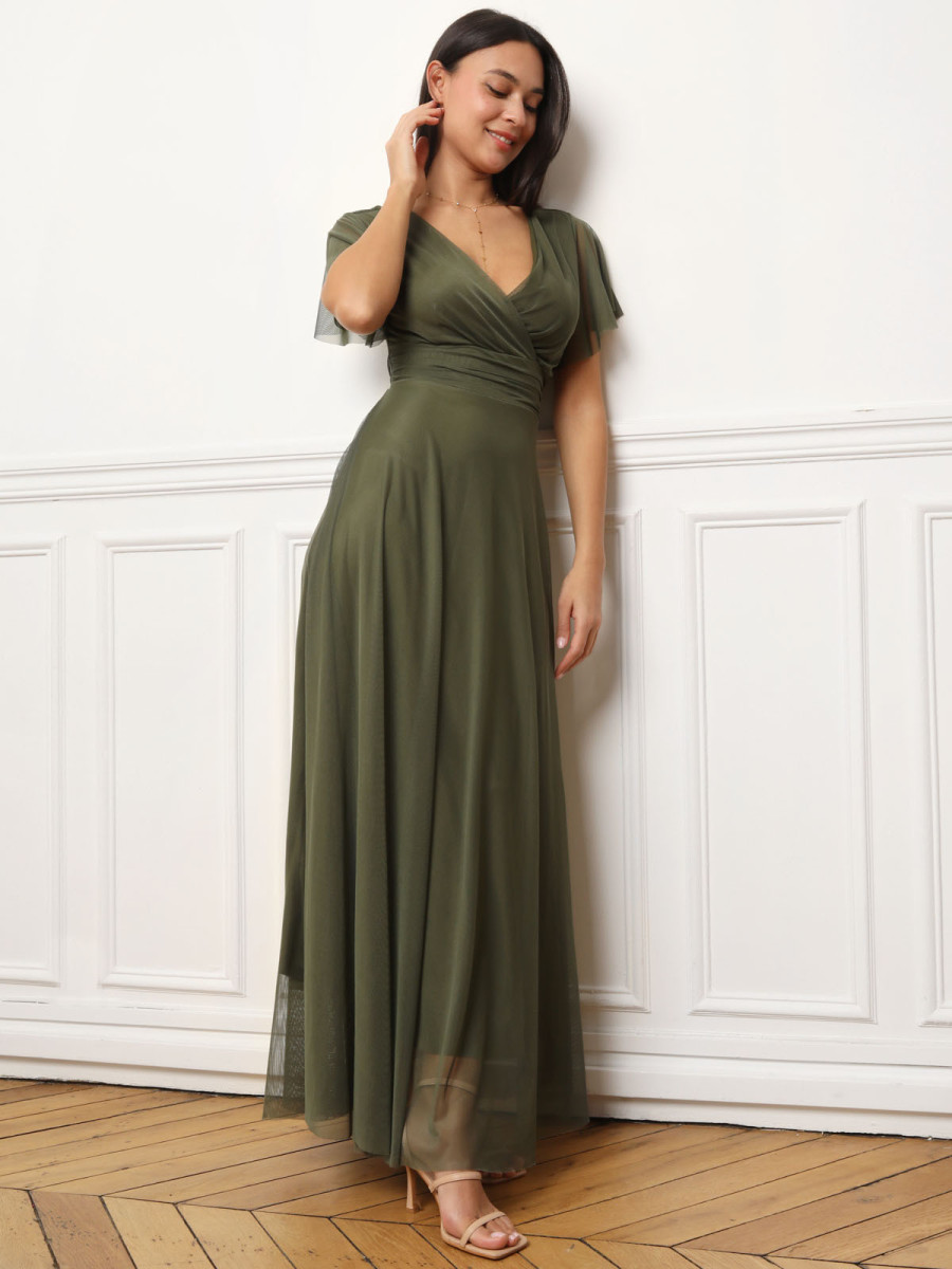Robe de cérémonie évasée et drapée à nouer kaki