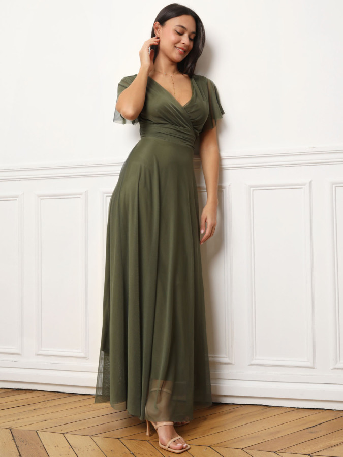 Robe de cérémonie évasée et drapée à nouer kaki