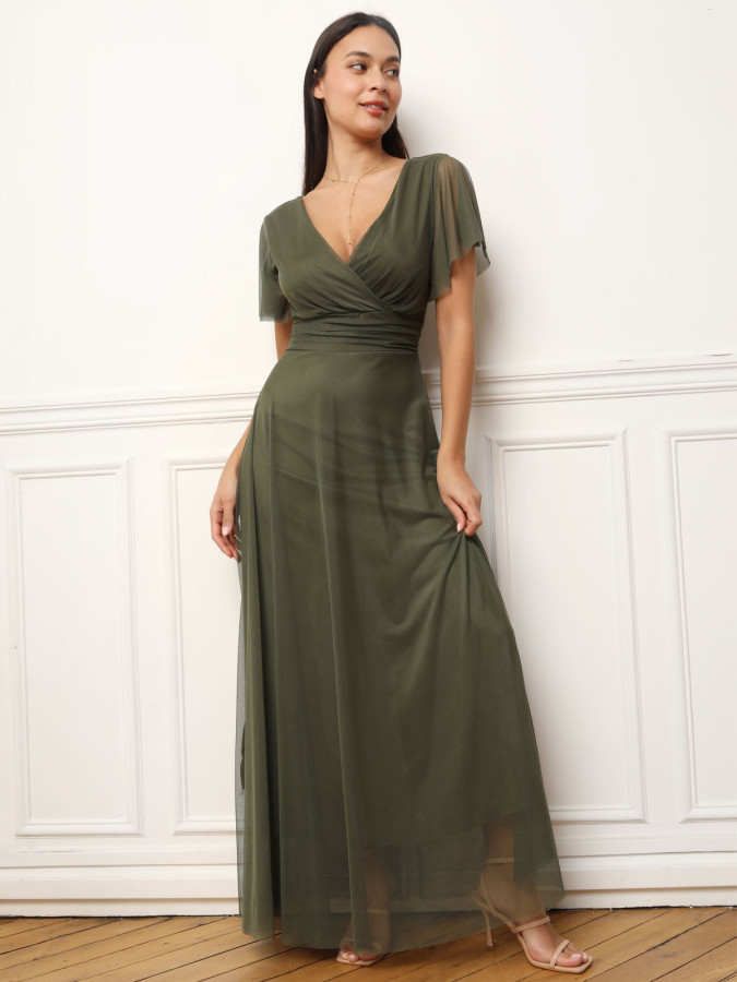 Robe de cérémonie évasée et drapée à nouer kaki