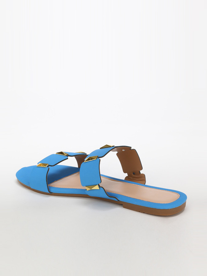 Mules plates bleues à brides et détails dorés grandes tailles