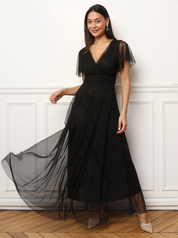 Robe de cérémonie évasée et drapée à nouer noire