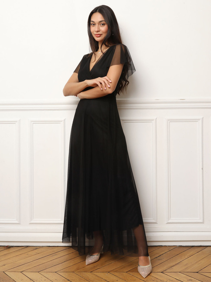 Robe de cérémonie évasée et drapée à nouer noire