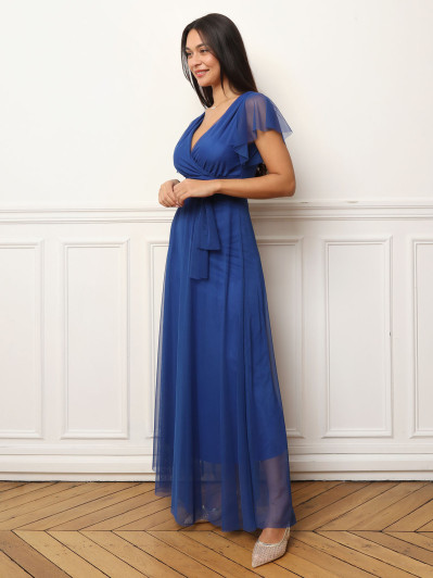 Robe de cérémonie évasée et drapée à nouer bleue