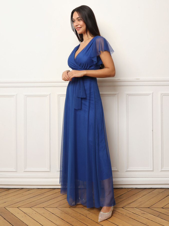 Robe de cérémonie évasée et drapée à nouer bleue