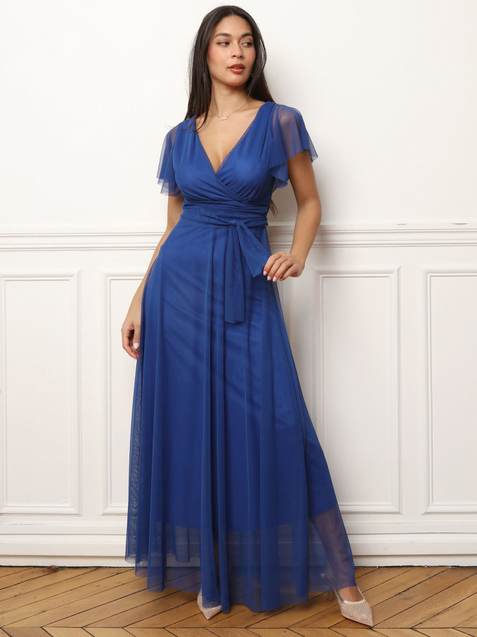 Robe de cérémonie évasée et drapée à nouer bleue