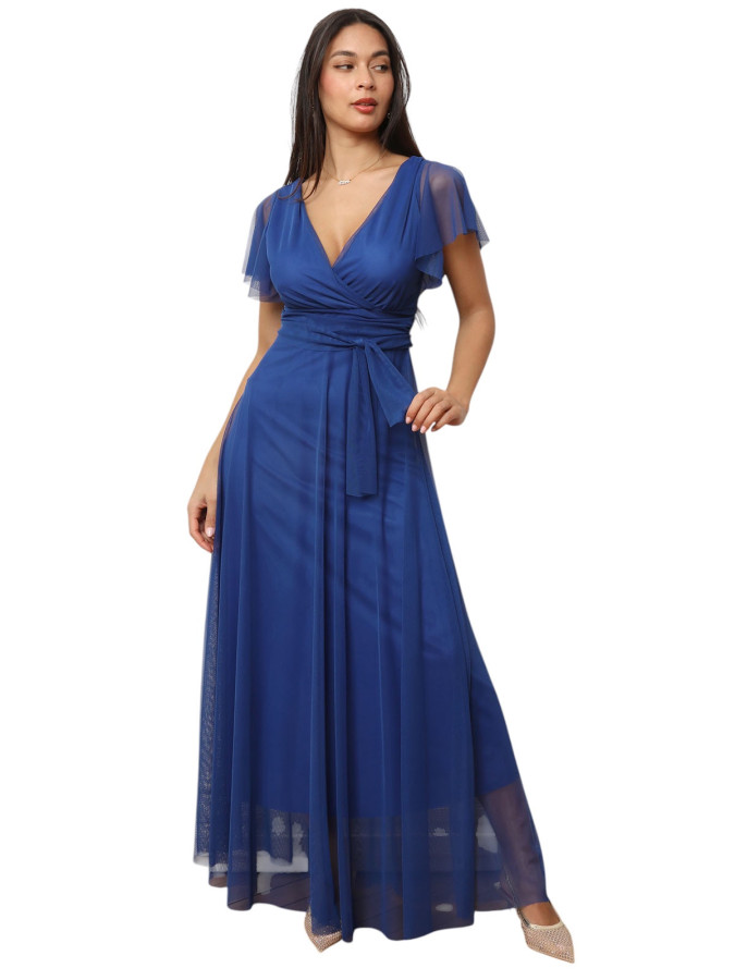 Robe de cérémonie évasée et drapée à nouer bleue