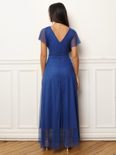 Robe de cérémonie évasée et drapée à nouer bleue