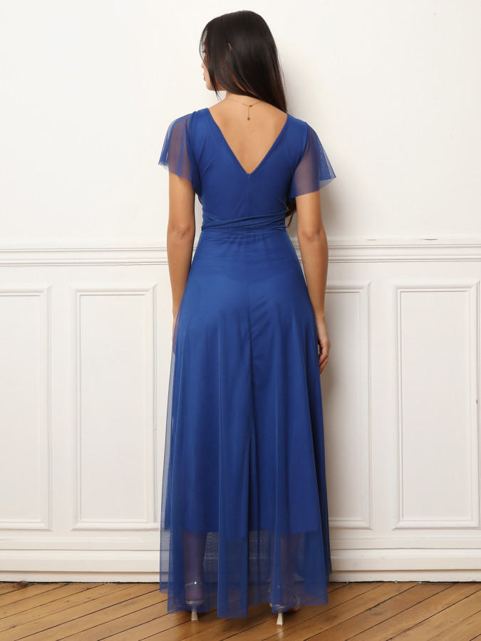 Robe de cérémonie évasée et drapée à nouer bleue