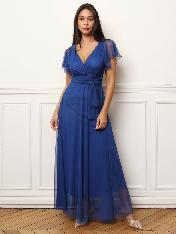 Robe de cérémonie évasée et drapée à nouer bleue