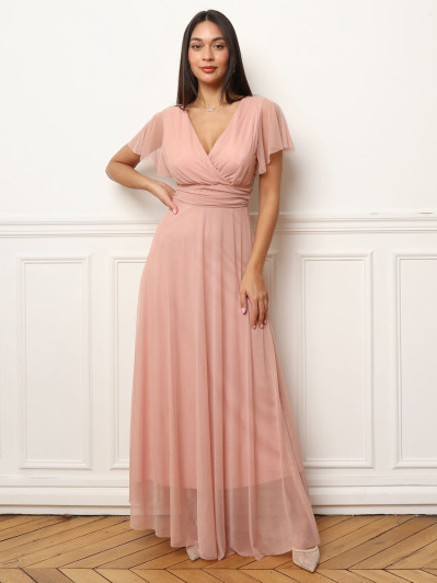 Robe de cérémonie évasée et drapée à nouer vieux rose