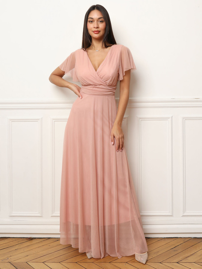 Robe de cérémonie évasée et drapée à nouer vieux rose