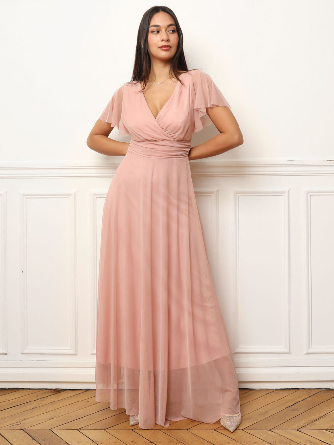 Robe de cérémonie évasée et drapée à nouer vieux rose