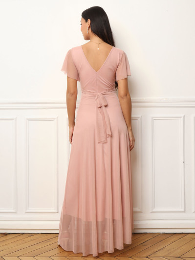 Robe de cérémonie évasée et drapée à nouer vieux rose