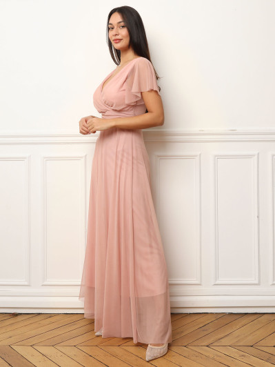Robe de cérémonie évasée et drapée à nouer vieux rose