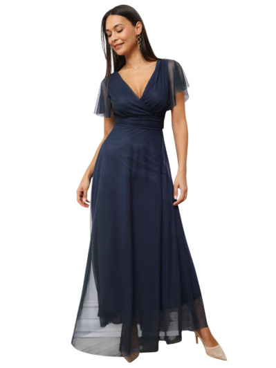 Robe de cérémonie évasée et drapée à nouer bleu marine