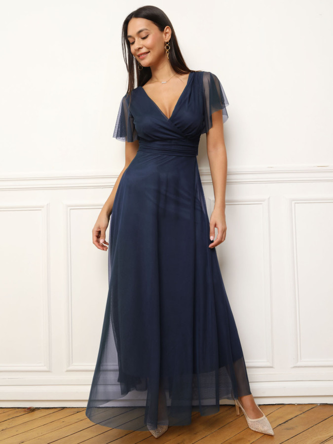 Robe de cérémonie évasée et drapée à nouer bleu marine