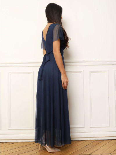 Robe de cérémonie évasée et drapée à nouer bleu marine