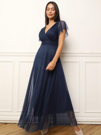 Robe de cérémonie évasée et drapée à nouer bleu marine