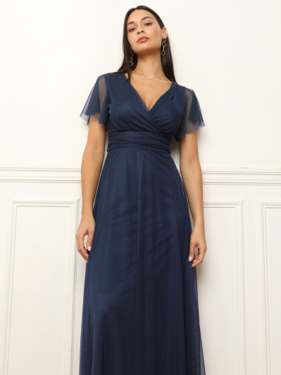 Robe de cérémonie évasée et drapée à nouer bleu marine