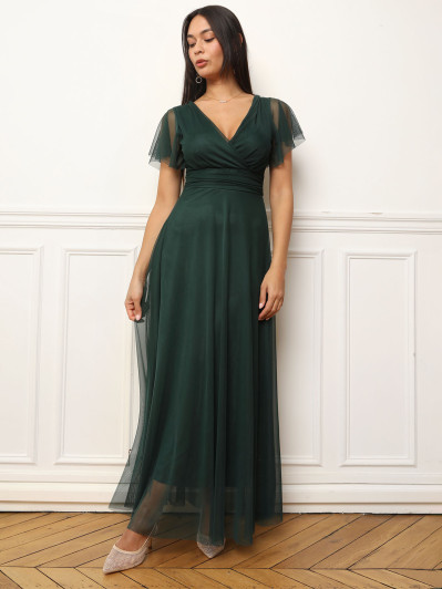 Robe de cérémonie évasée et drapée à nouer vert foncé