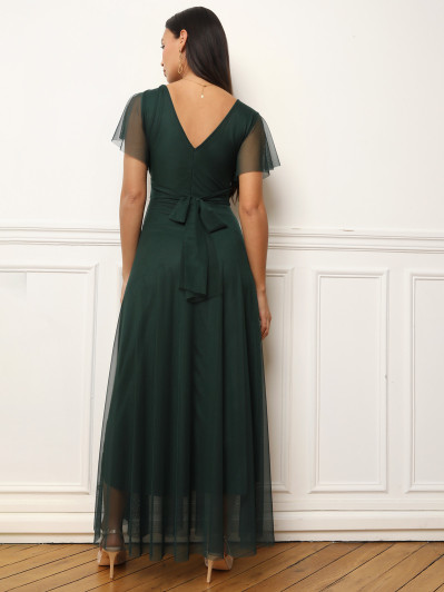 Robe de cérémonie évasée et drapée à nouer vert foncé