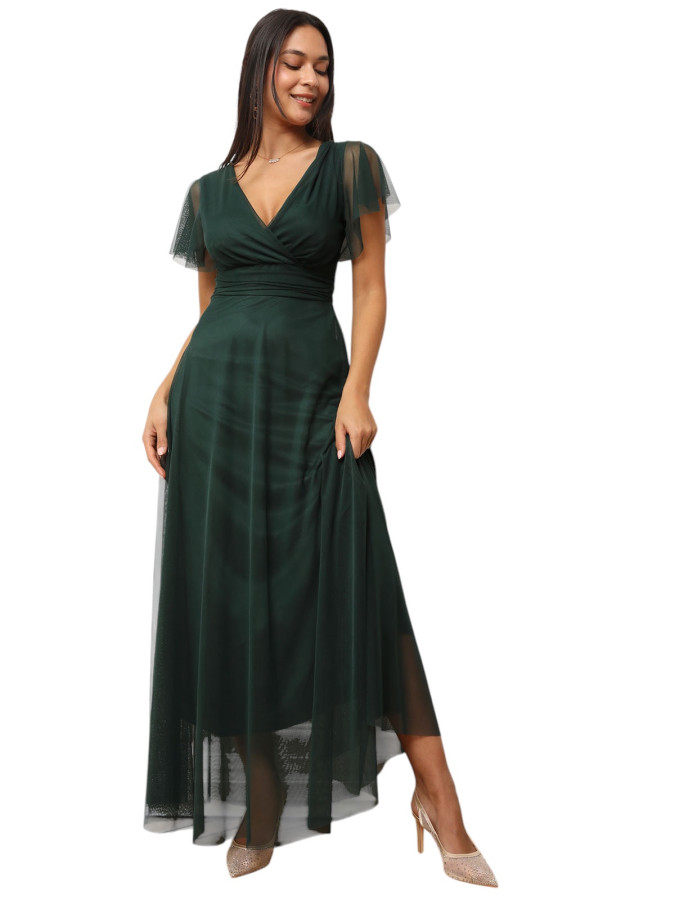 Robe de cérémonie évasée et drapée à nouer vert foncé