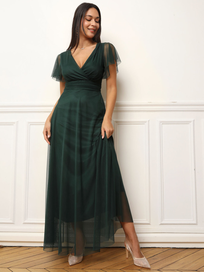 Robe de cérémonie évasée et drapée à nouer vert foncé