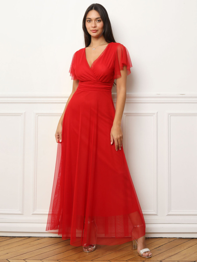 Robe de cérémonie évasée et drapée à nouer rouge