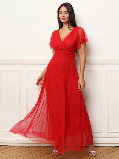 Robe de cérémonie évasée et drapée à nouer rouge