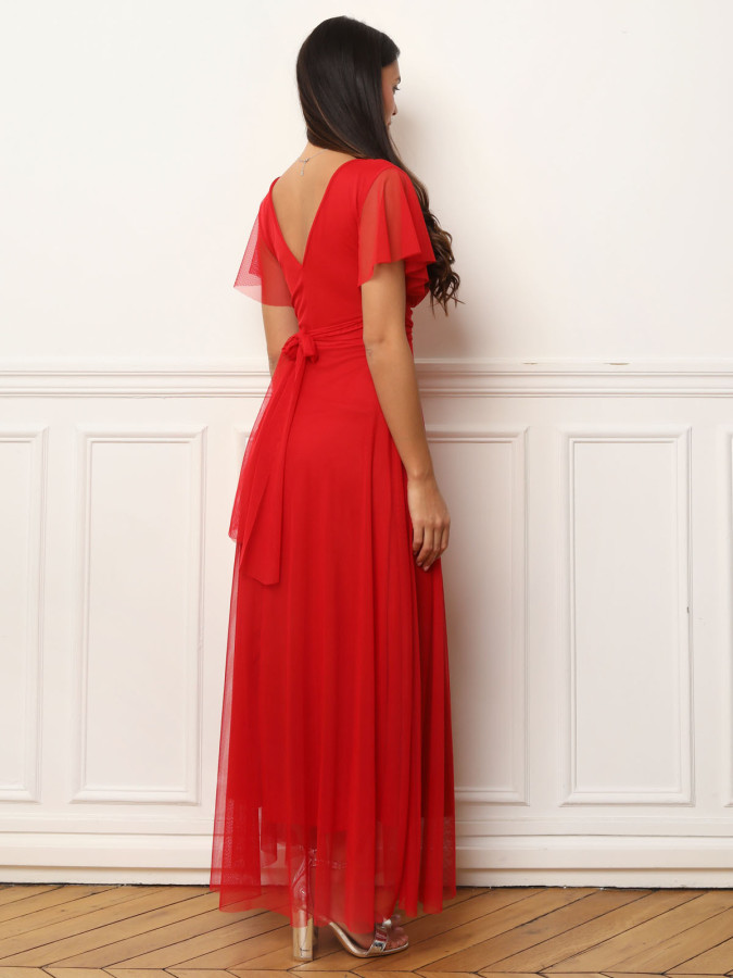 Robe de cérémonie évasée et drapée à nouer rouge