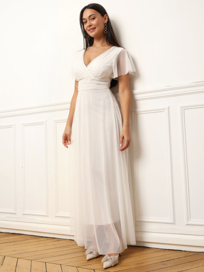 Robe de cérémonie évasée et drapée à nouer blanche