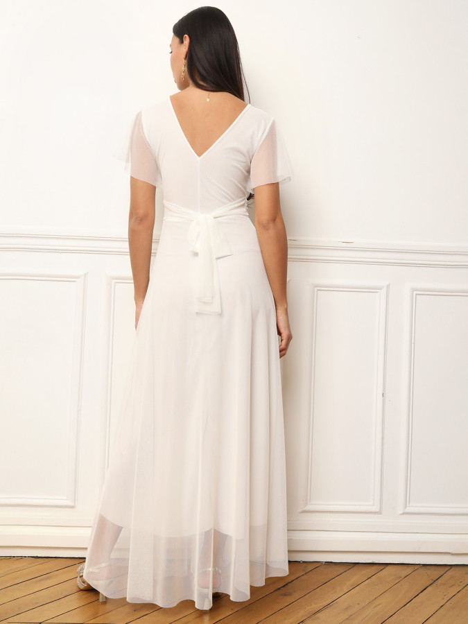 Robe de cérémonie évasée et drapée à nouer blanche