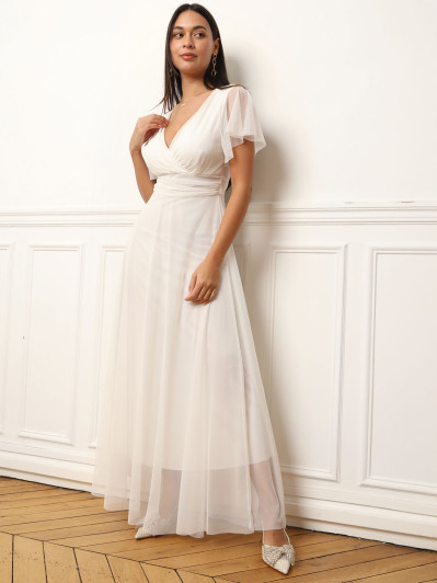 Robe de cérémonie évasée et drapée à nouer blanche