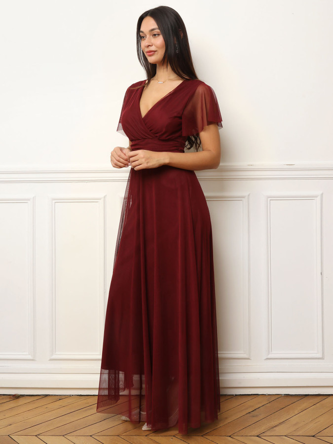 Robe de cérémonie évasée et drapée à nouer bordeaux