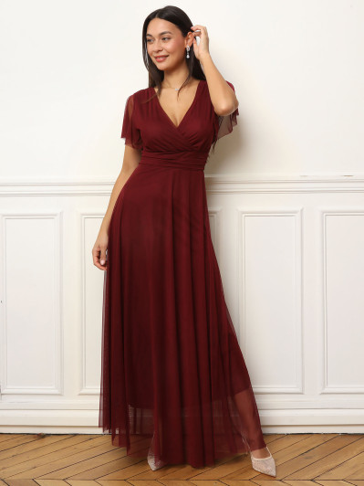 Robe de cérémonie évasée et drapée à nouer bordeaux