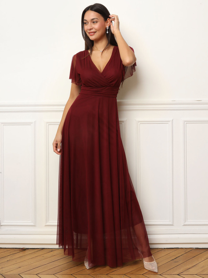 Robe de cérémonie évasée et drapée à nouer bordeaux