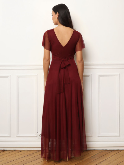 Robe de cérémonie évasée et drapée à nouer bordeaux