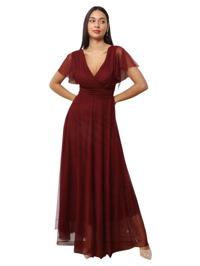 Robe de cérémonie évasée et drapée à nouer bordeaux