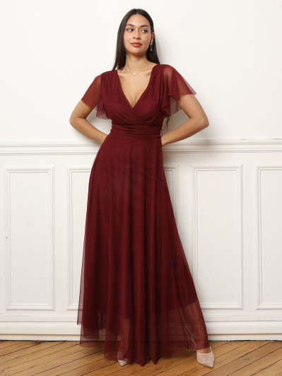 Robe de cérémonie évasée et drapée à nouer bordeaux